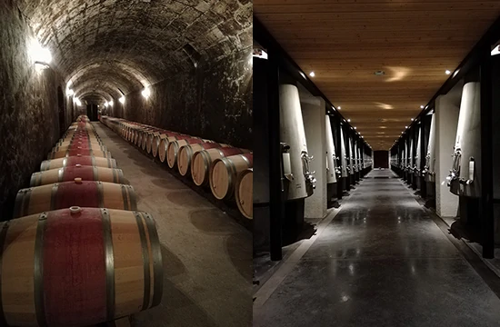 Les activités et loisirs autour de Lacanau. chais du vignoble de Château Pontet Canet. Photo de droite les cuves où sont travaillés les vins à gauche une étendue de barriques en chênes où le vin va vieillir avant la mise en bouteilles