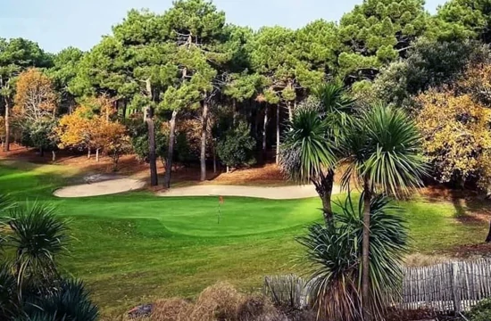 Les activités et loisirs autour de Lacanau. Parcours du golf de L'Ardilouse, à l'avant de la végétation type tropical. Au centre le fairway et à l'arrière deux bunkers bordés de pins maritime