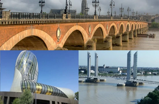 Les activités et loisirs autour de Lacanau. 3 bâtiments emblématiques de Bordeaux. En haut le pont de pierre qui relie les deux rives de Bordeaux. En bas à gauche la cité du vin. En Bas à droite Le pont Chaban Delmas