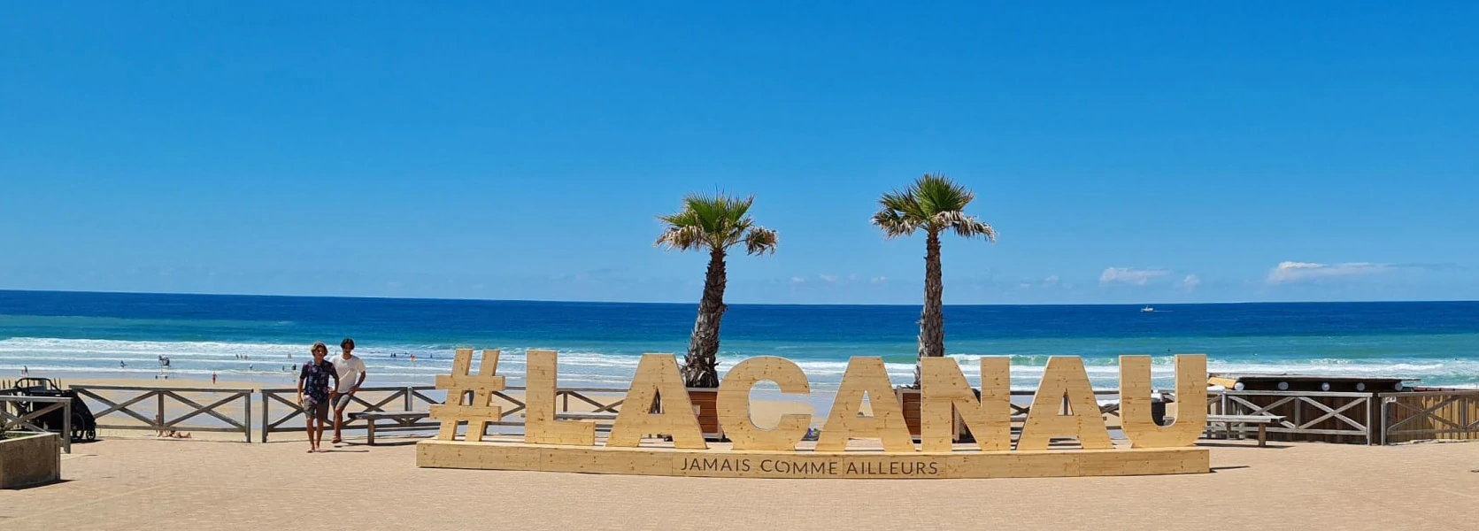 la résidence #Lacanau , jamais comme ailleurs, sculpture en bois situées sur le front de mer au dessus de la plage centrale 2 palmiers derrière la structure, l'océan avec des couleurs qui vont du turquoise au bleu profond, un ciel bleu lumineux.
