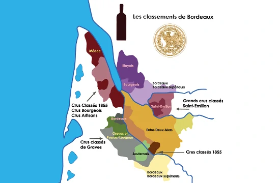 Les activités et loisirs autour de Lacanau. carte des classements des vins de Bordeaux