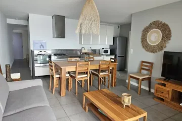 appart hôtel pasino n°6, pièce principale , un canapé gris des meubles en teck, un écran TV, au milieu une table en teck et ses 8 chaises, au fond la cuisine équipée meubles beiges et inox. Présence d'éléments de décoration aux murs et plafond.