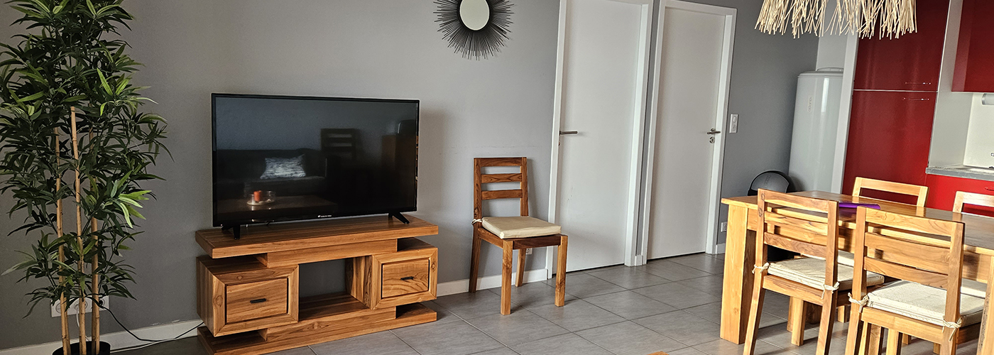 appart hôtel pasino n°2, pièce principale, au premier plan le coin salon et ses meuble en teck, son palmier et sa TV grand écran. A gauche une tables et ses chaises et la Kitchenette équipée aux façades rouges.