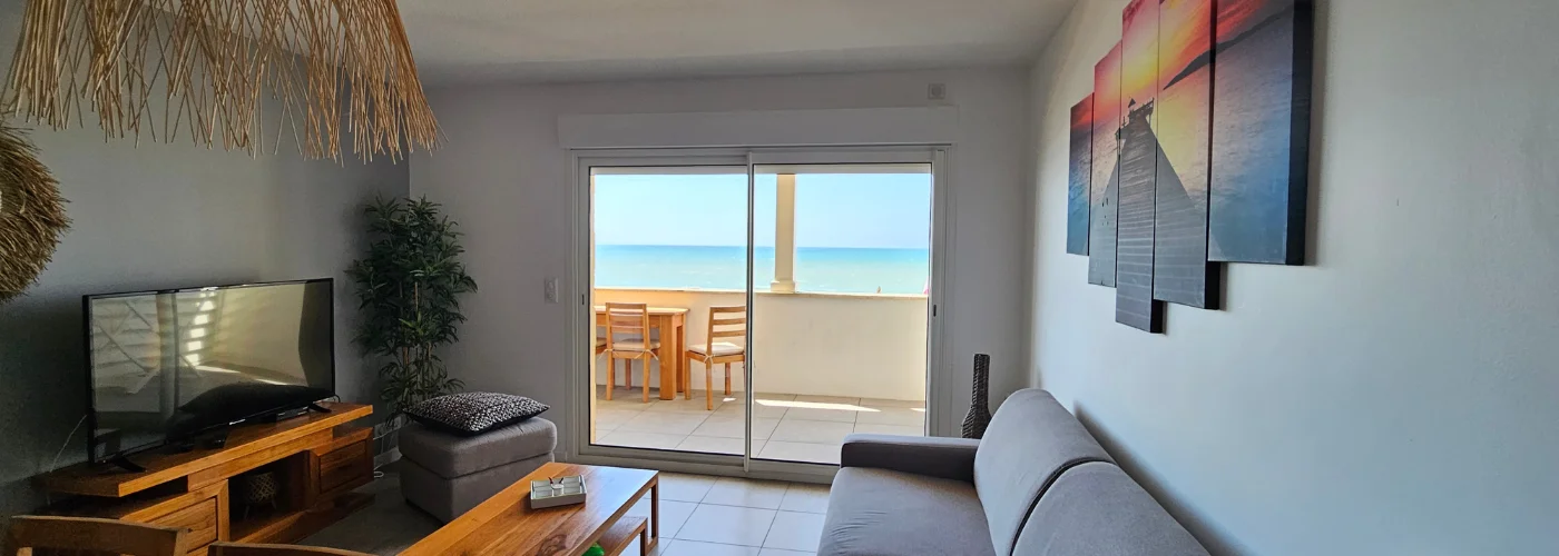 appart hôtel Pasino n°3, pièce principale, au premier plan le coin salon son palmier et sa TV grand écran., son canapé convertible. la pièce donne directement sur la terrasse vue mer